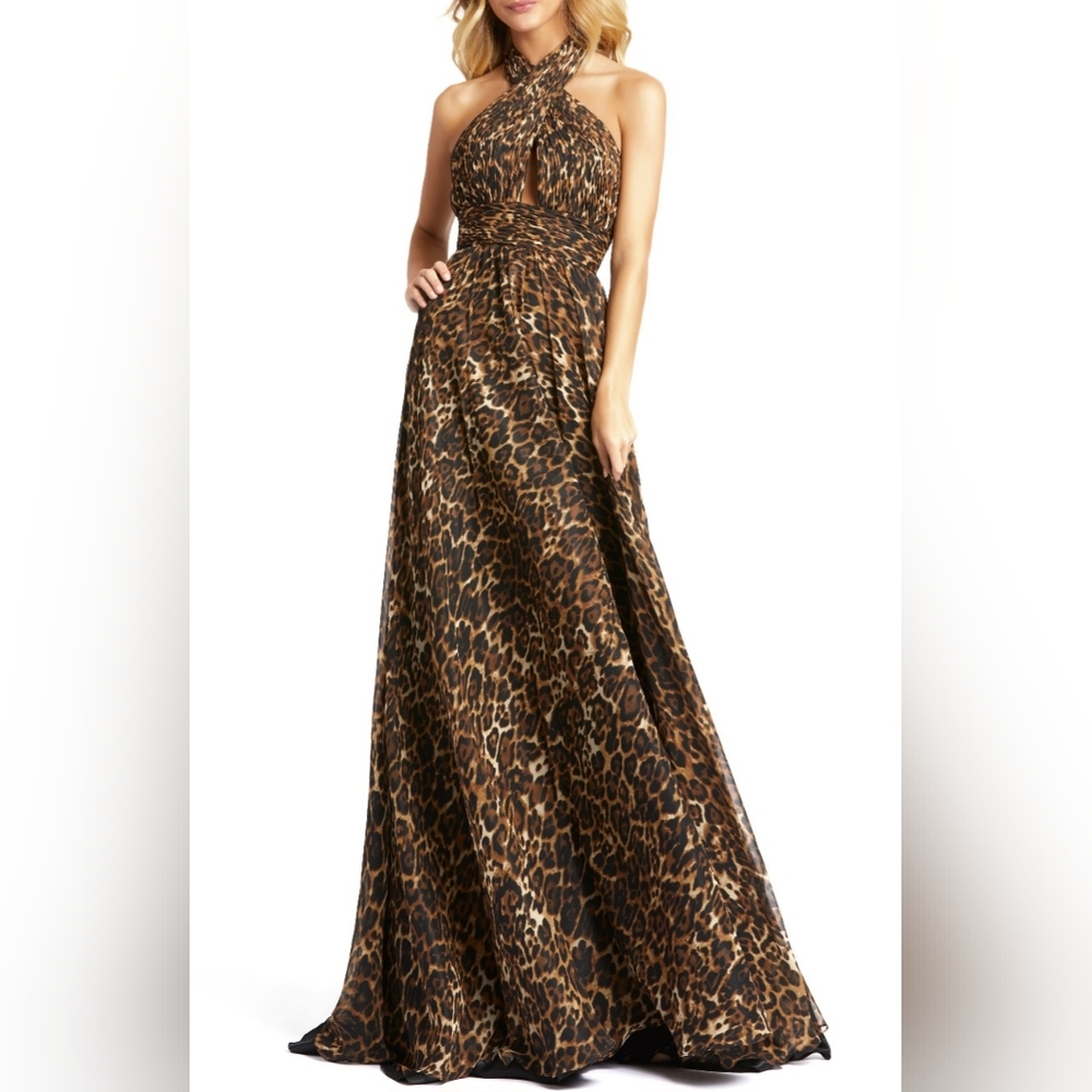 Mac Duggal Leopard-print Open Back Halter Evening Dress - sz. 6